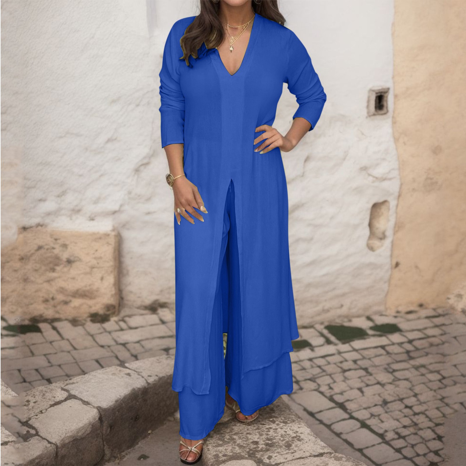 thumbnail image 2 of Conjunto de dos piezas de gasa para mujer talla grande: top de cuello en V y manga larga + pantalones, traje de playa, diseño con abertura, para primavera-verano, 2 of 8